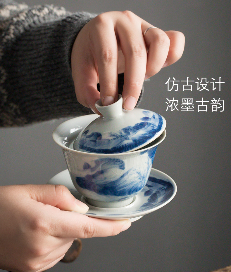 Archaize kangxi landscape tureen jingdezhen ceramic cups large bowl manual hand - made three blue and white porcelain cup