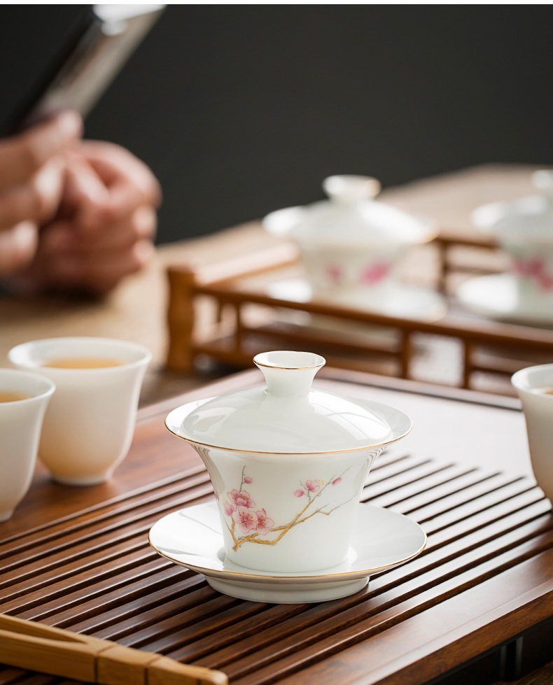 Jingdezhen pure manual thin body white porcelain tureen cup single kunfu tea mercifully with a bowl with water chestnut try small bowl