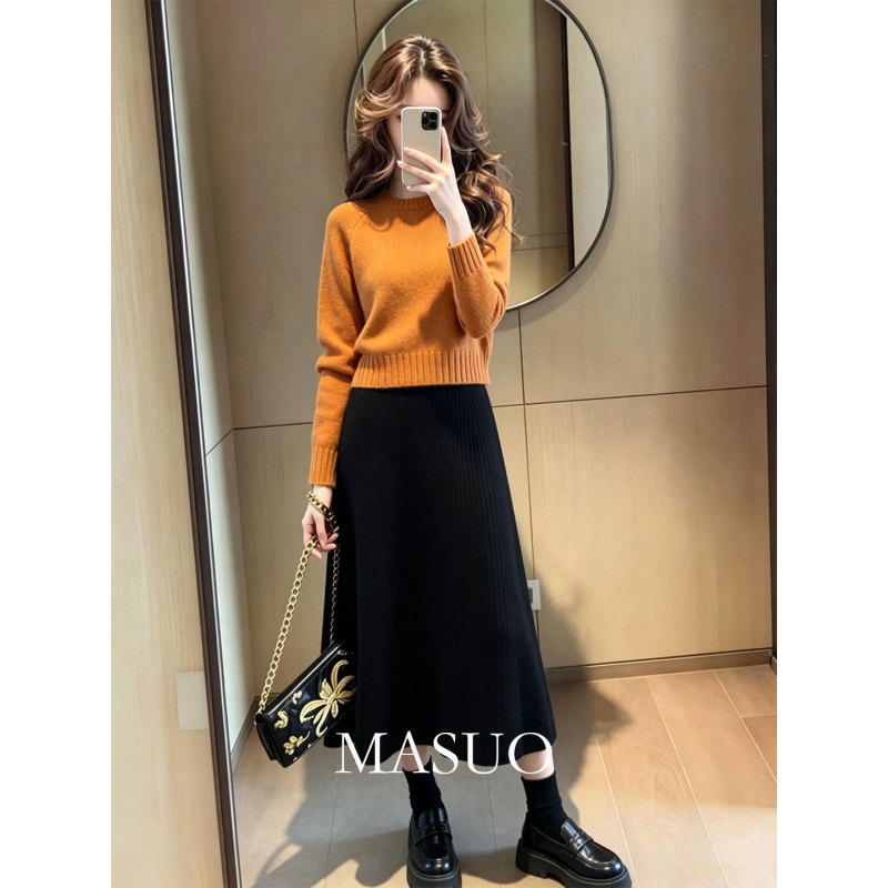 Ootd Relaxed Style Outfit Set 2026 New Slimming Versatile Orange Round Neck Knit Sweater and Skirt Two-Piece Set