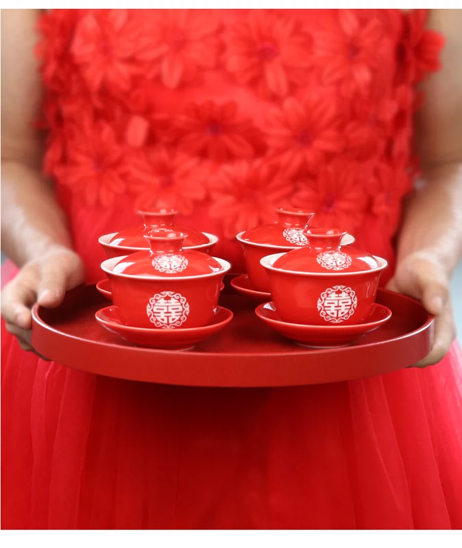 Tour du lịch của tôi Red Wedding Bong Tea Cup Wedding Happy Happy Hạnh phúc gấp đôi Cover Tea Set Khắc Quà cưới - Trà sứ bình pha trà có lõi lọc