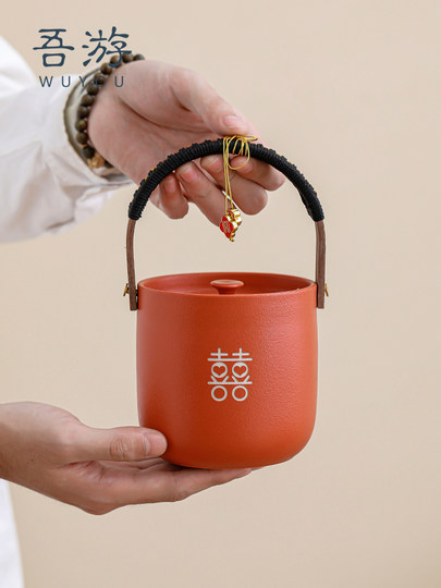 A Pair of Wedding Dowry Items, a Complete Set of Dowry Supplies for the Bride, Ceramic Wedding Decorations, Chinese-Style Red Small Wedding Buckets