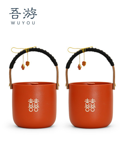 A Pair of Wedding Dowry Items, a Complete Set of Dowry Supplies for the Bride, Ceramic Wedding Decorations, Chinese-Style Red Small Wedding Buckets