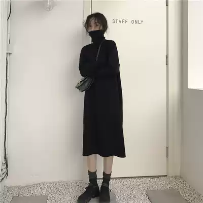 Autumn and winter long-sleeved knitted dress loose mid-length version of the inner tie bottoming skirt French over-the-knee first love turtleneck sweater skirt