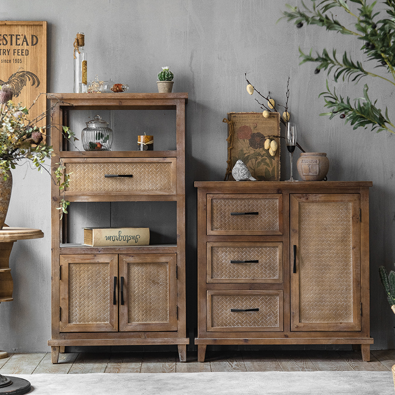 American-style porch cabinet imitation rattan surface old-fashioned solid wood sideboard locker against the wall living room home drawer storage cabinet