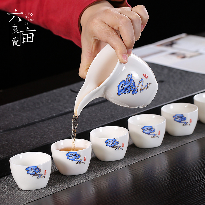 Dehua xiangyun white porcelain tea set contracted and I home office ceramic kung fu tureen of a complete set of tea cups