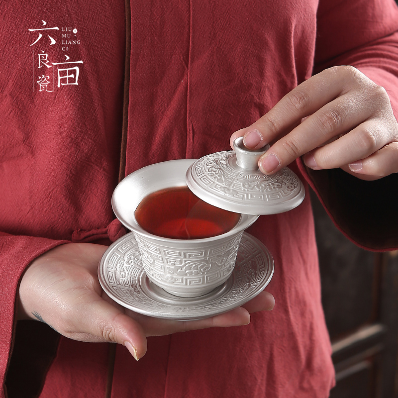 Manual three only tasted silver gilding tureen sterling silver 999 silver clasp porcelain hand catch tea, kungfu tea bowl