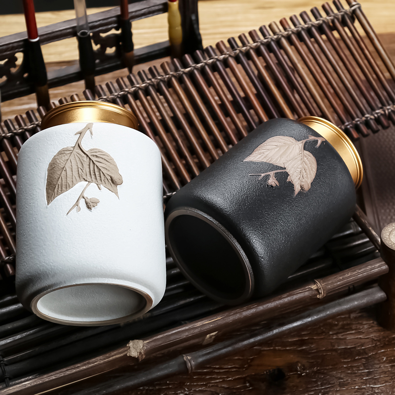 Maple leaf carvings, black pottery tea pot size household kung fu tea set sealing goods tea accessories