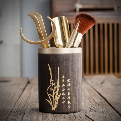 Melan Bamboo Chrysanthemum Bronze Wood Tea Road Six Gentlemen Solid Wood Black Sandalwood Pure Copper Kung Fu Tea Set Accessories Tea Knife Pen Holder Tea Clip