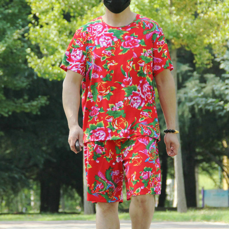 Summer Cotton Silk Pajamas, Home Clothes Set, Northeastern Floral Performance Clothing, Men's Shorts, Short-Sleeved Round-Neck T-Shirt