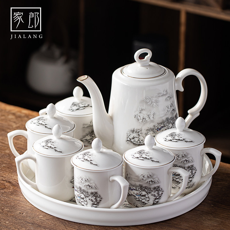Jiarang Dehua Chinese Kung Fu tea household simple set with ears Teacup with lid Large capacity pot set of tea plates