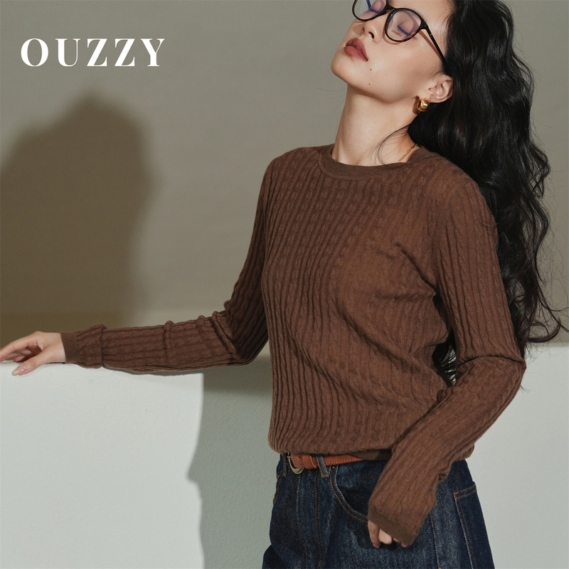 Ouzzy “Linen Texture” 60-Count Wool Cashmere Mulberry Silk Small Turtleneck Cable Knit Multi-Color Base Knit Sweater