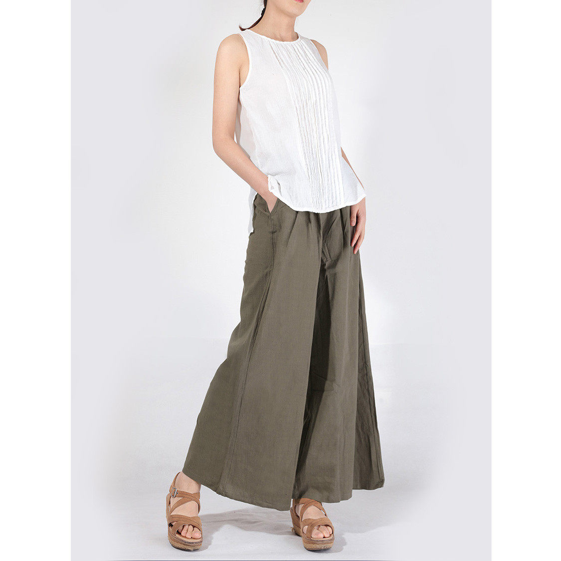 Break code thin section summer lady cotton linen pants linen wide leg loose mint green light 9 minute pants clear and breathable cool