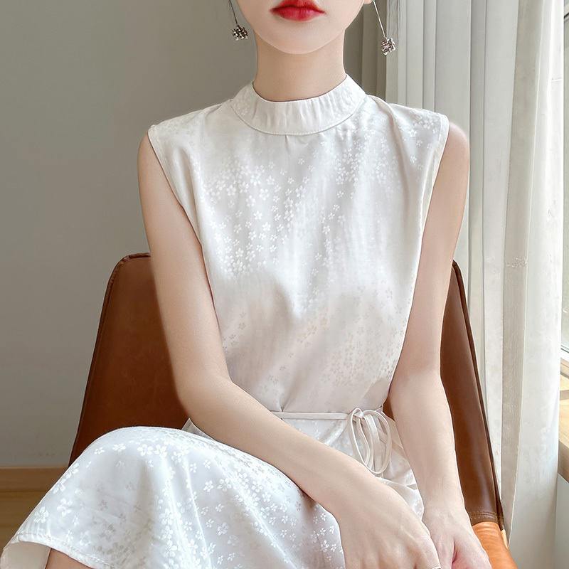 Summer New Style Half-High Collar Tie-Up Dress for Women, Elegant Acetate Satin Pullover, Smooth Silk Sleeveless Long Dress