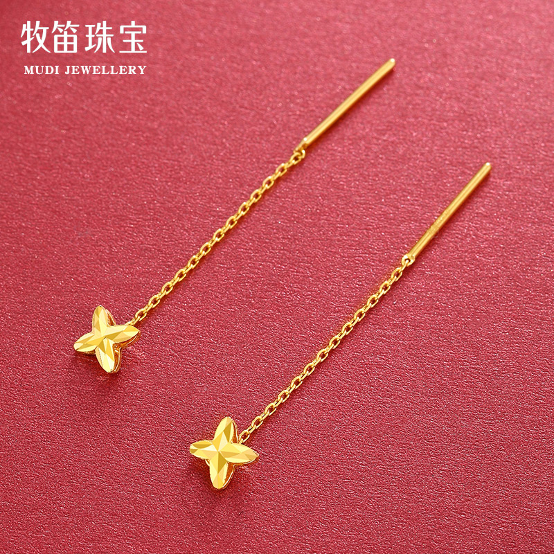 黄金四叶草耳线足金999流苏短款耳饰镂空幸运草耳环：轻奢气质，送礼佳品！