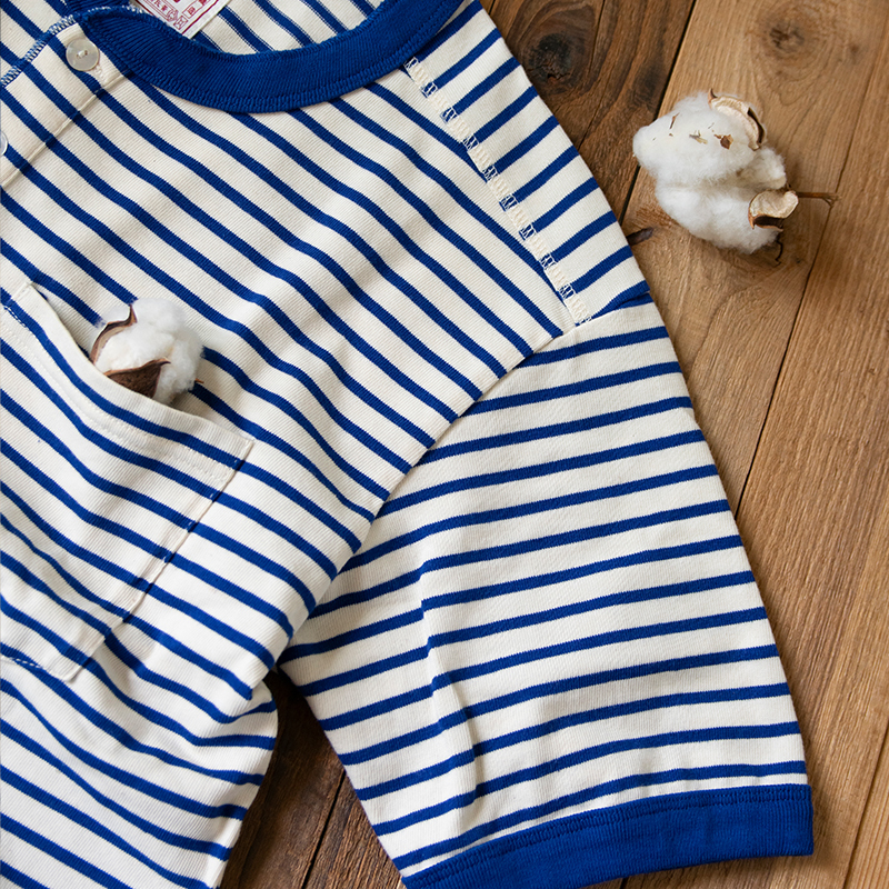 Pure Cotton Shell Button French Retro Blue and White Striped Henry Collar Sailor Shirt Men's Ribbed Sleeve Drop Shoulder Loose T-Shirt