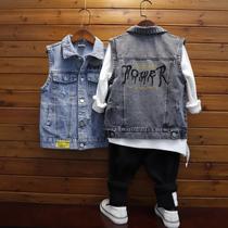 Boys horse clip jacket spring boys denim vest medium and large children gray blue top 2020 spring new