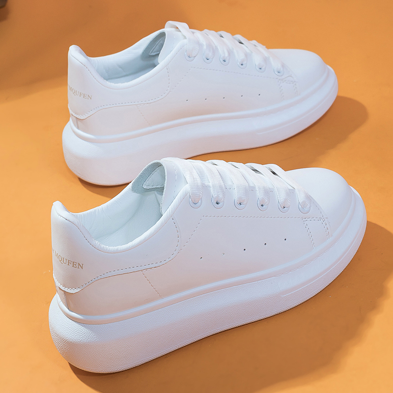 Women's White Sneakers with Leather Surface, Thick Soles, Height-Increasing, Casual Shoes, New Spring/Summer Models, Versatile, Stylish, Sports Sneakers, Board Shoes