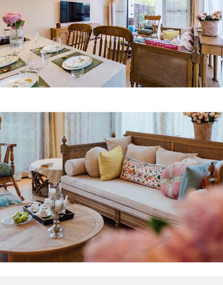товар из китая 美式实木布艺沙发三人组合小户型客厅法式复古编藤沙发床抽拉两用 Li Jia craftsman