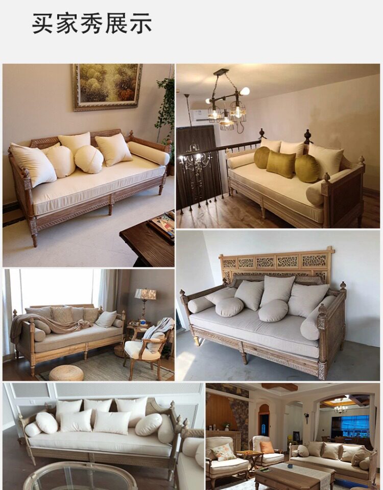 товар из китая 美式实木布艺沙发三人组合小户型客厅法式复古编藤沙发床抽拉两用 Li Jia craftsman