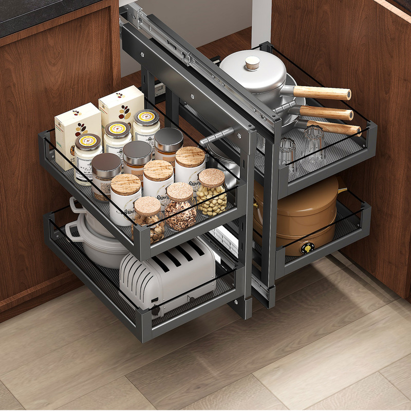 Haidis Corner Pull-Out Basket Kitchen Cabinet Corner Storage Basket for Dishes and Pots Little Monster Storage Rack Seasoning Basket