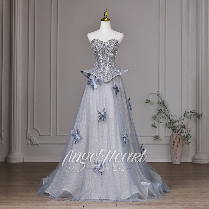 Angel Heart Gorgeous Style Strapless Sequin Mesh Long Dress for Women, Heavy Embellished 3D Flower Performance Dress, Art Exam Hostess Angel Heart Gorgeous Style Strapless Sequin Mesh Long Dress for Women, Heavy Embellished 3D Flower Performance Dress, Art Exam Hostess