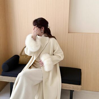 狐狸毛袖秋冬新款双面羊毛大衣长款腰带款 加厚保暖羊绒毛呢外套