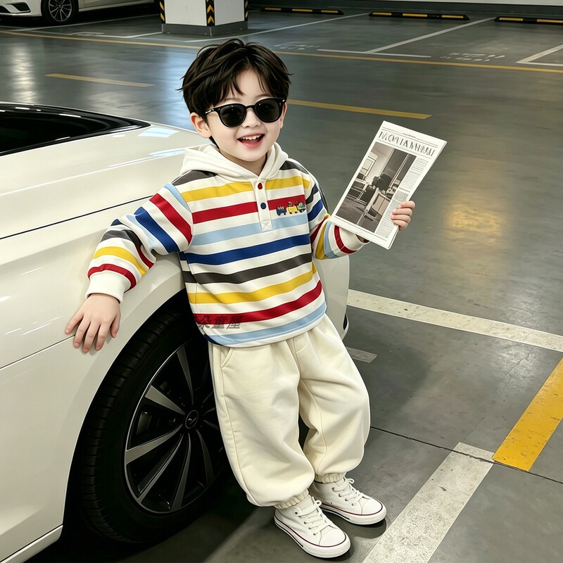 Boys' Hooded Sweatshirt 2026 Autumn New Stylish Rainbow Striped Trendy Hooded Top for Kids