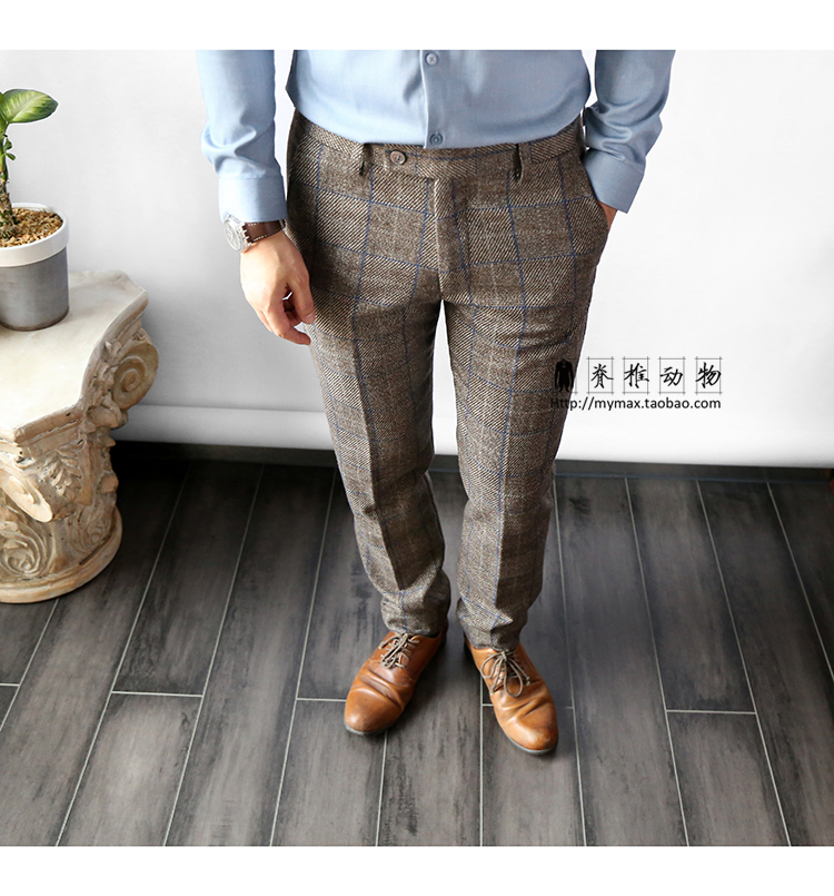Vertebrate Men Retro Quần len kẻ sọc Anh Quần hai mảnh Cưỡi gió Bộ đồ len quần kaki