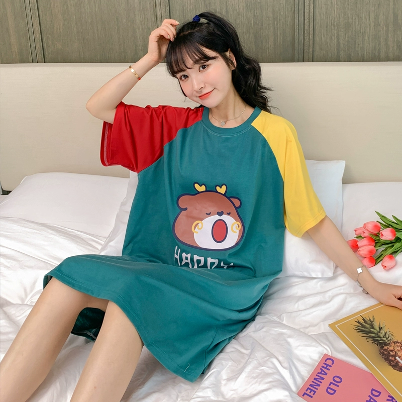 Cô ấy có sẵn 8 kiểu hoạt hình, váy ngủ cotton không phai màu chải kỹ nữ tay ngắn rời cộng với dịch vụ tại nhà - Đêm đầm