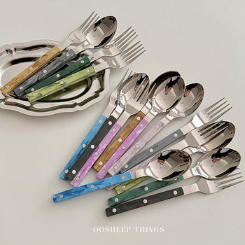 Ooshep french high-end 304 stainless steel fork spoon set color western dining tableware household dining spoon
