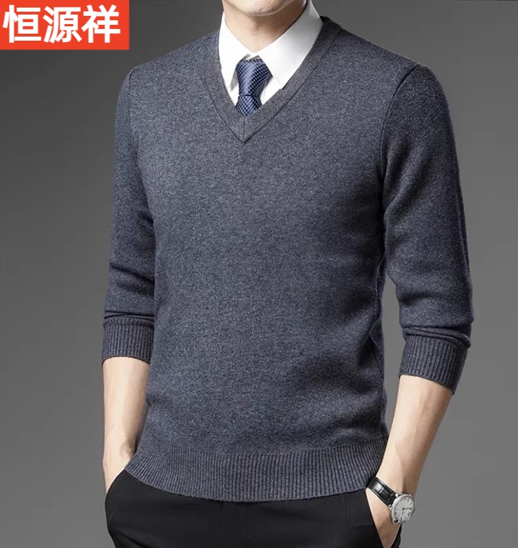 Hengyuanxiang Autumn and Winter 100% Pure Wool Sweater V-Neck Thickened Sweater for Men, Young and Middle-Aged Wool Sweater, Dad's Top