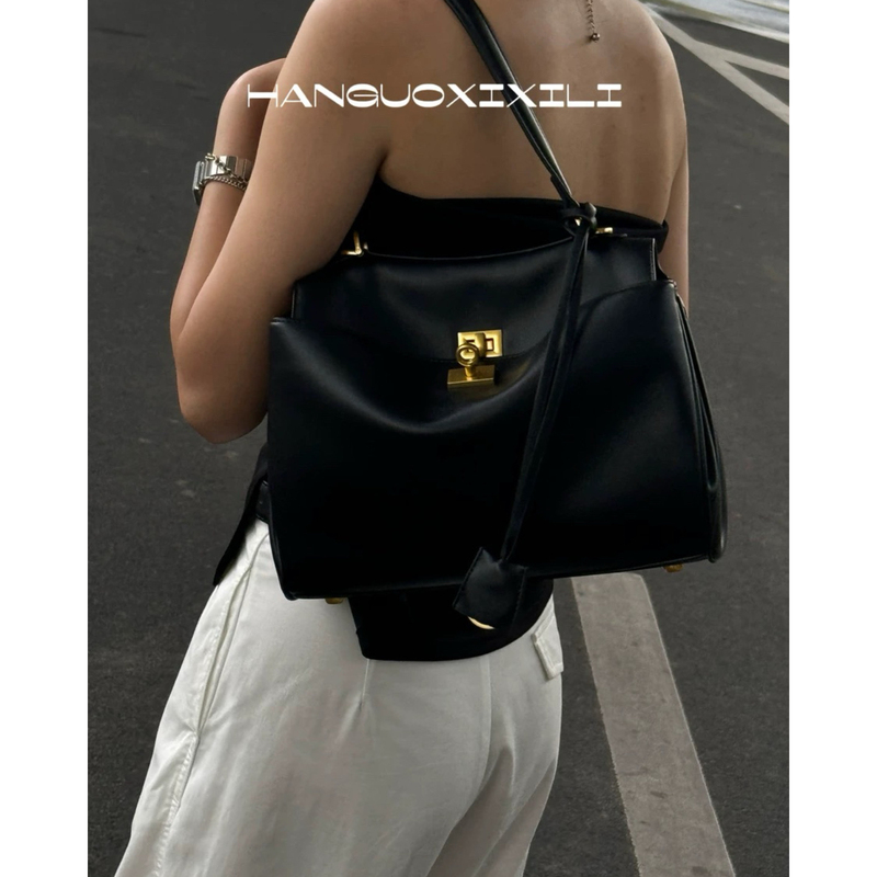 Korean Sicily 2025 New Genuine Leather Large-Capacity Commuter Tote Bag with Lock Kelly Bag Cowhide Handbag
