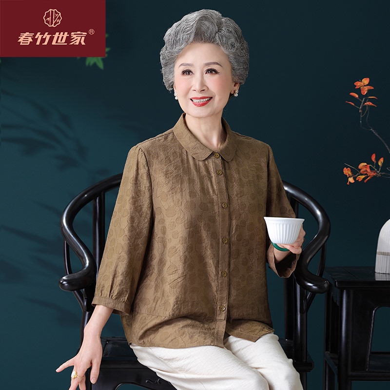 Grandma's Summer Shirt for Women, Stylish Cotton-Linen Top with Three-Quarter Sleeves, Clothing for Middle-Aged and Elderly Mothers, Thin Blouse for Elderly Ladies