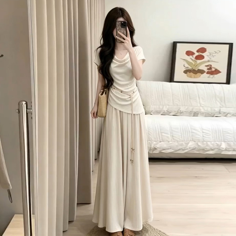 French-Style Elegant Drape Collar Short-Sleeve Dress for Women, Summer 2026 New Model, Stunning Outfit, Complete Long Dress Set