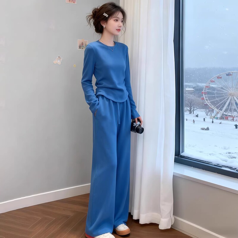 Korean-Style Lazy Chic Casual Sports Suit for Women, Spring and Autumn, High-End Blue Youthful Top and Wide-Leg Pants Two-Piece Set Korean-Style Lazy Chic Casual Sports Suit for Women, Spring and Autumn, High-End Blue Youthful Top and Wide-Leg Pants Two-Piece Set