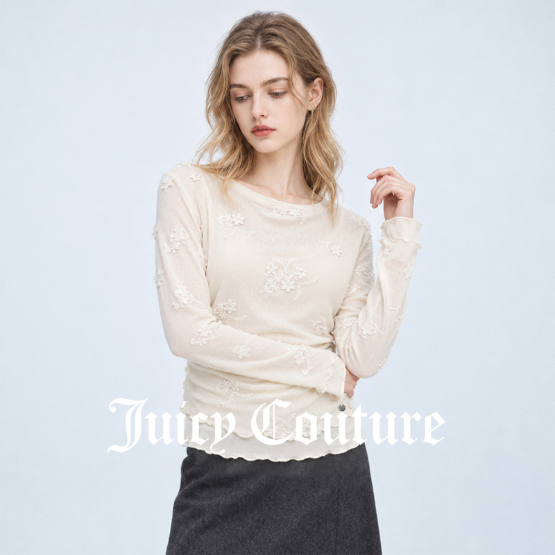 Juicy Couture Wavy Edge Round Neck Long-Sleeved T-Shirt for Women, Sweet and Trendy Style for Autumn