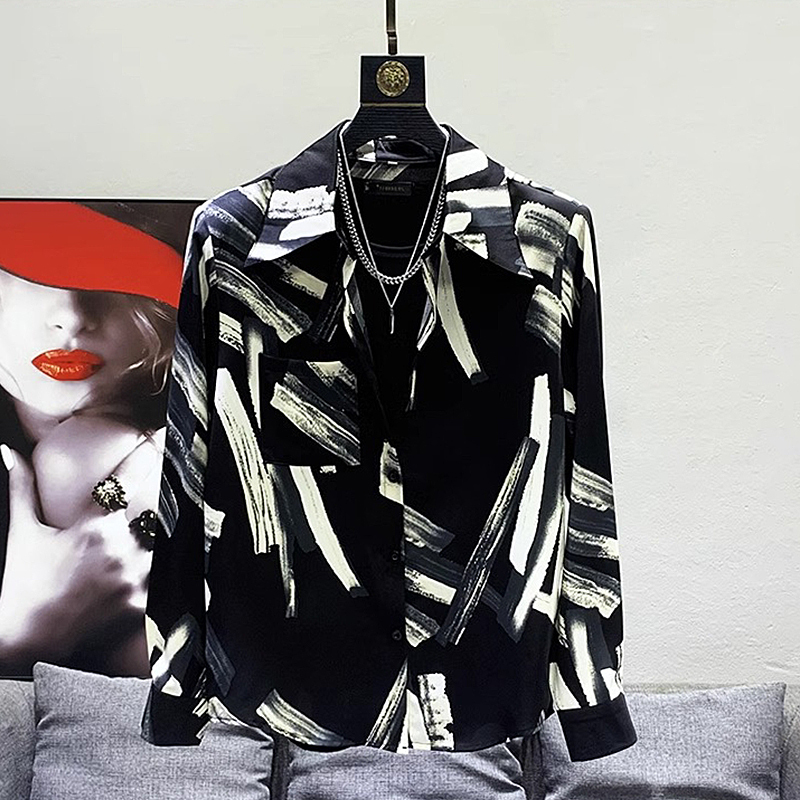 Korean High-End Irregular Print Pattern Long-Sleeved Shirt for Men, Trendy Loose Design, Drapey Casual Shirt