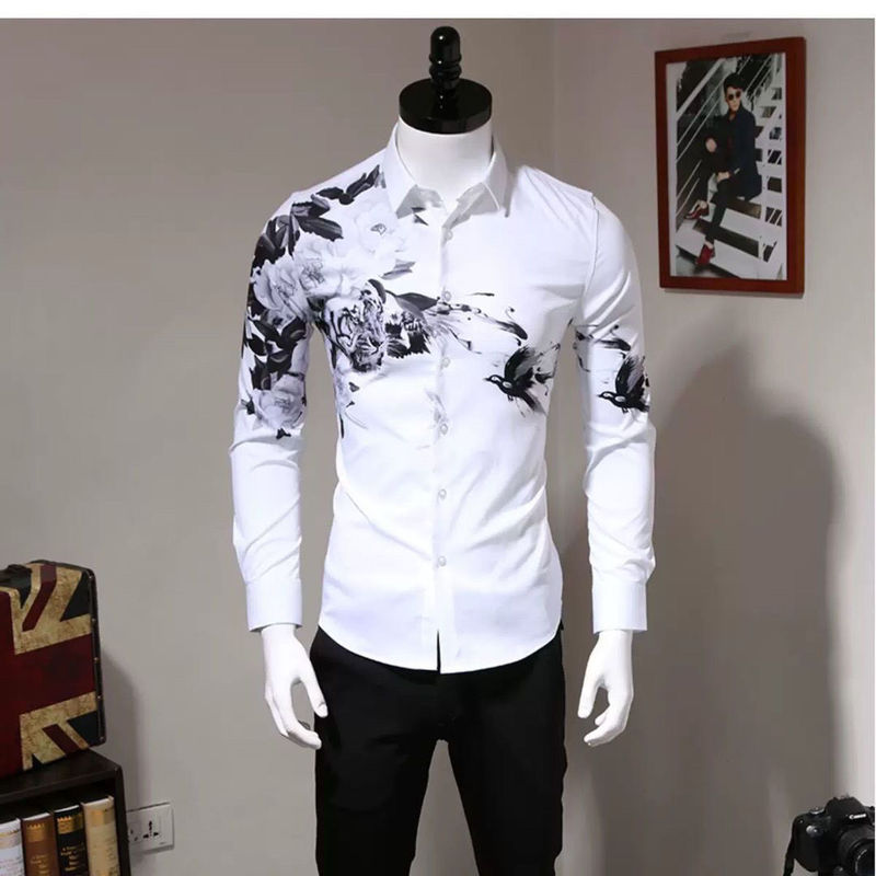 2026 Autumn New European and American Youth Trend Tiger Flower Bird Digital Print Non-Iron White Shirt Men's Long Sleeve 2026 Autumn New European and American Youth Trend Tiger Flower Bird Digital Print Non-Iron White Shirt Men's Long Sleeve