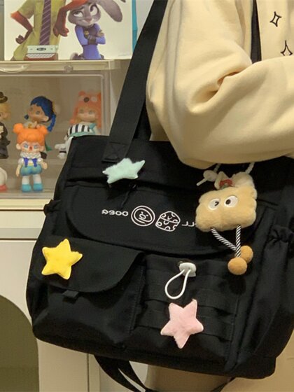 Japanese-Style Color-Block Canvas Large-Capacity Crossbody Bag for Girls, Single-Shoulder Tote Bag, Niche Design, Student School Bag