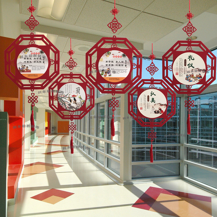 New Year's New Year's New Year's shopping mall corridors Aerial overhanging ceiling hanging style Classrooms National School Environment Arrangement Red Festive Fu Character Decoration