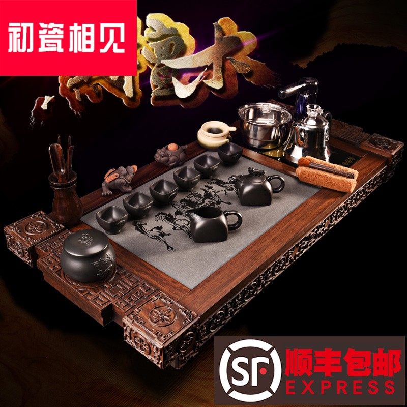 The primary porcelain meet ebony stone ebony solid wood tea tray household four-in-one household tea sea tea table induction cooker