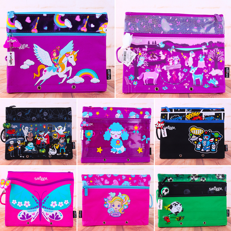 Australian smiggle stationery student double zipper portable pencil bag purple animal rally tutoring bag six one children