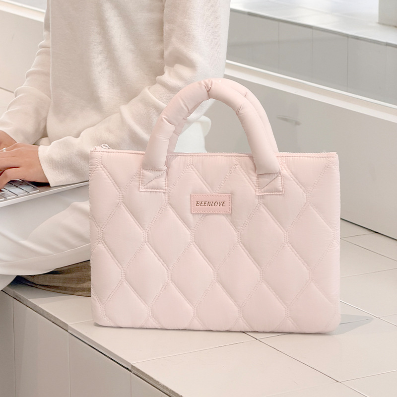 Pink Laptop Bag, Down-Style, Women's Portable Lightweight Anti-Fall Commuter Bag, High-End Travel Notebook Digital Storage Bag