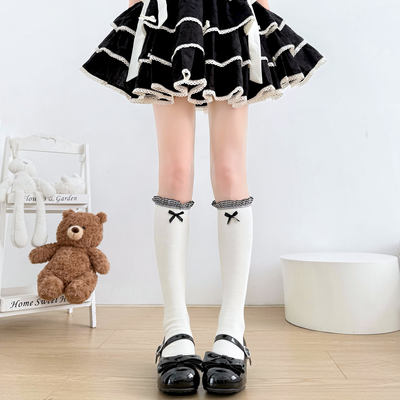 Clearance cotton calf socks, black and white checkered lace bow mid-calf socks, autumn and winter layering, versatile student pile socks