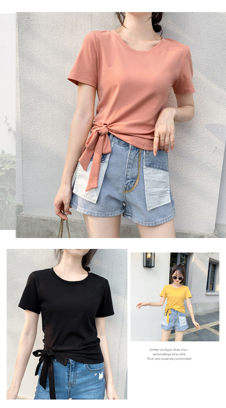 2022夏新款独特系带蝴蝶结不规则短袖T恤女修身百搭别致时尚上衣详情3