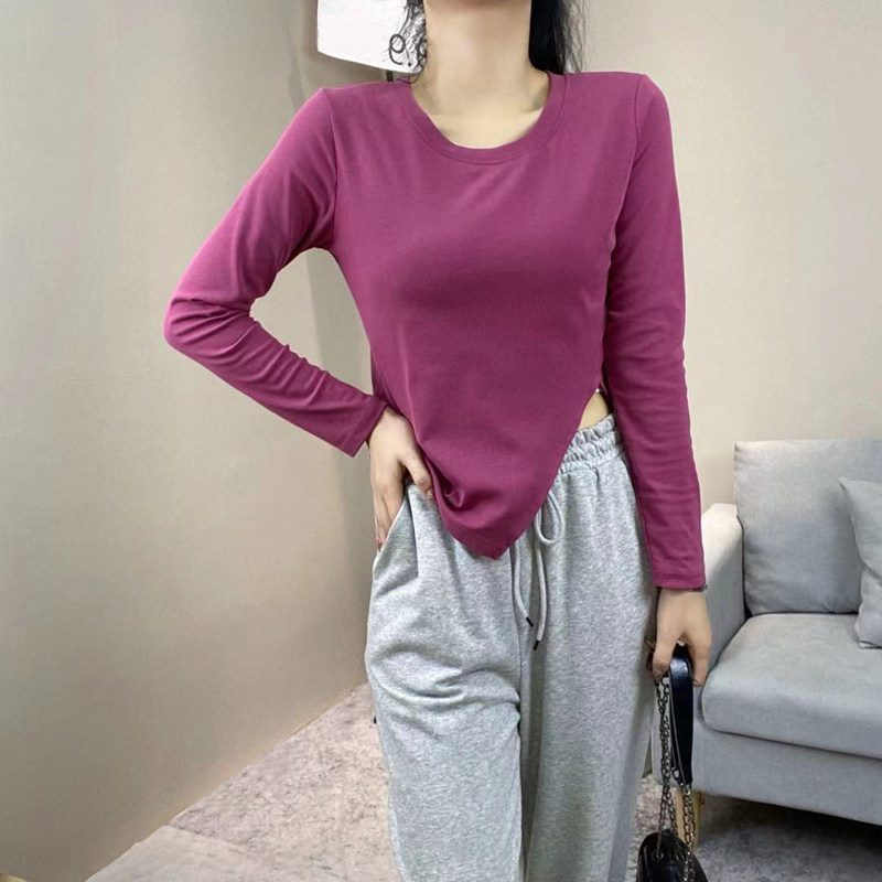 2022春新不规则设计感侧开叉T恤女长袖圆领修身短款纯色打底上衣详情7