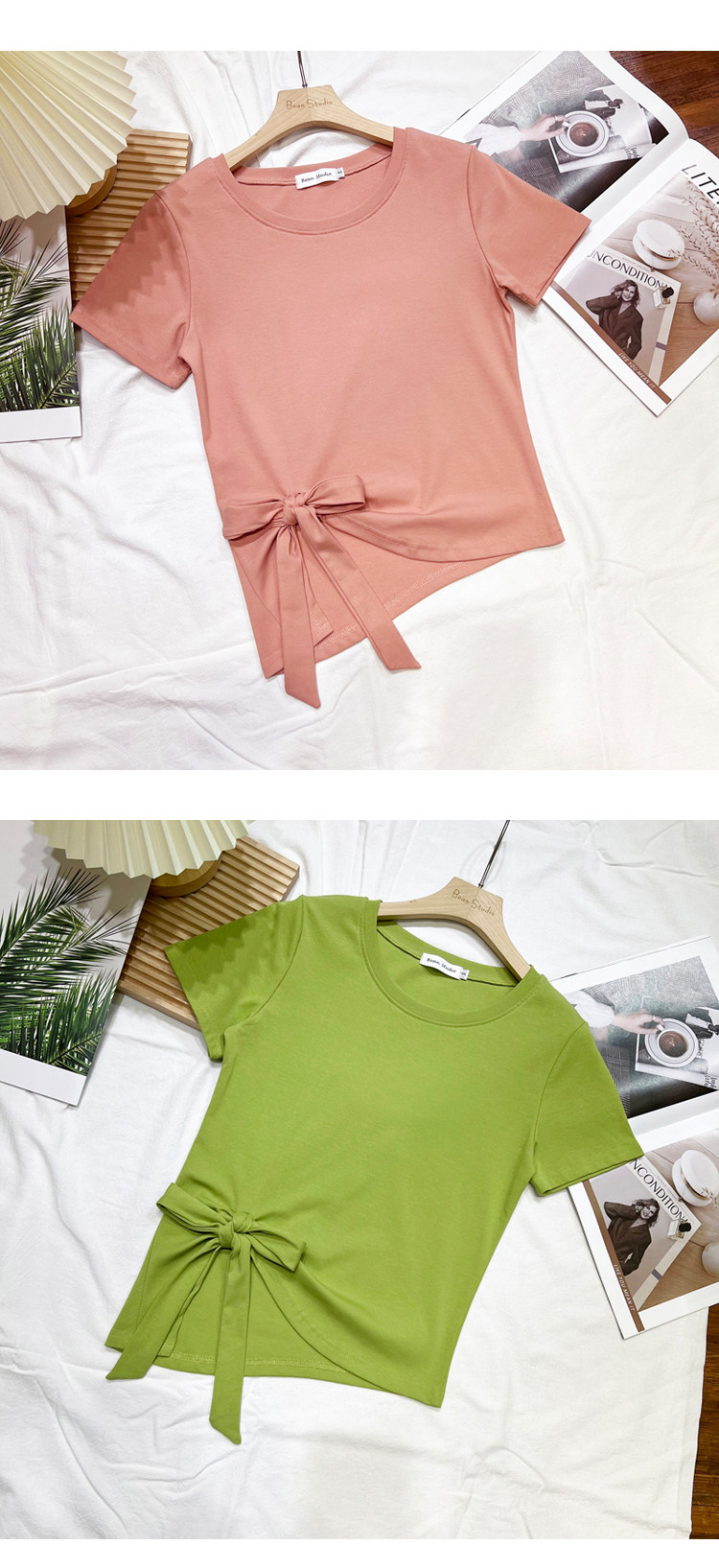 2022夏新款独特系带蝴蝶结不规则短袖T恤女修身百搭别致时尚上衣详情21