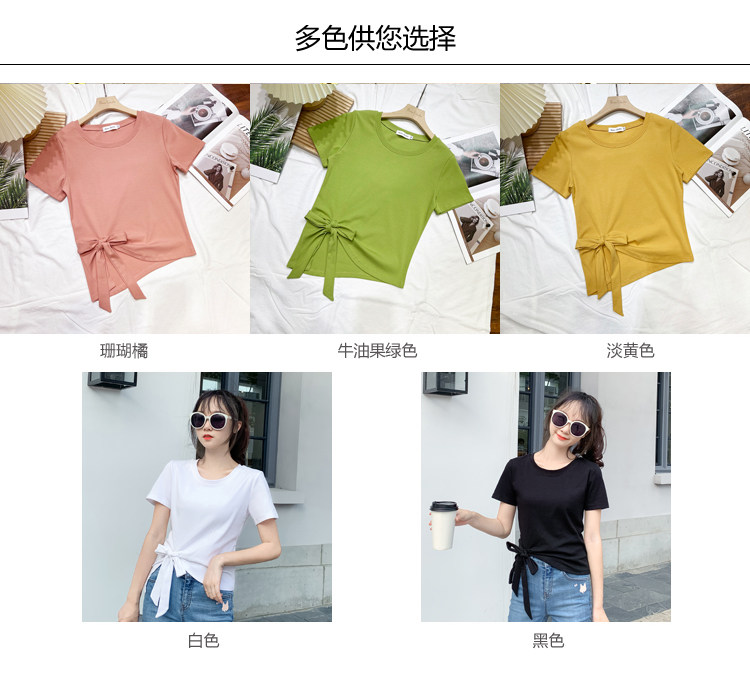 2022夏新款独特系带蝴蝶结不规则短袖T恤女修身百搭别致时尚上衣详情4
