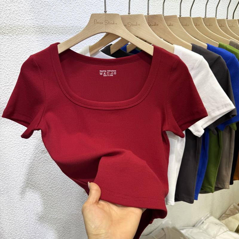 2026 Summer New Style Off-Shoulder Short-Sleeve T-Shirt for Women, Slim Fit Ribbed Cotton Square Neck Round Hem Top 2026 Summer New Style Off-Shoulder Short-Sleeve T-Shirt for Women, Slim Fit Ribbed Cotton Square Neck Round Hem Top