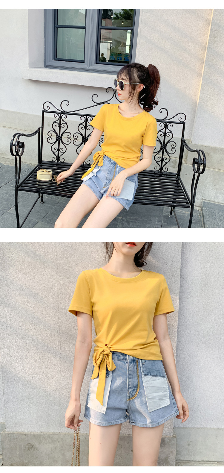 2022夏新款独特系带蝴蝶结不规则短袖T恤女修身百搭别致时尚上衣详情10